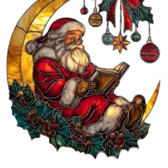 Cozy Santa Reading On Moon Suncatcher Christmas Stained Glass Look Window Hanging Ornament with Berries Bow for Holiday Window Wall Decor