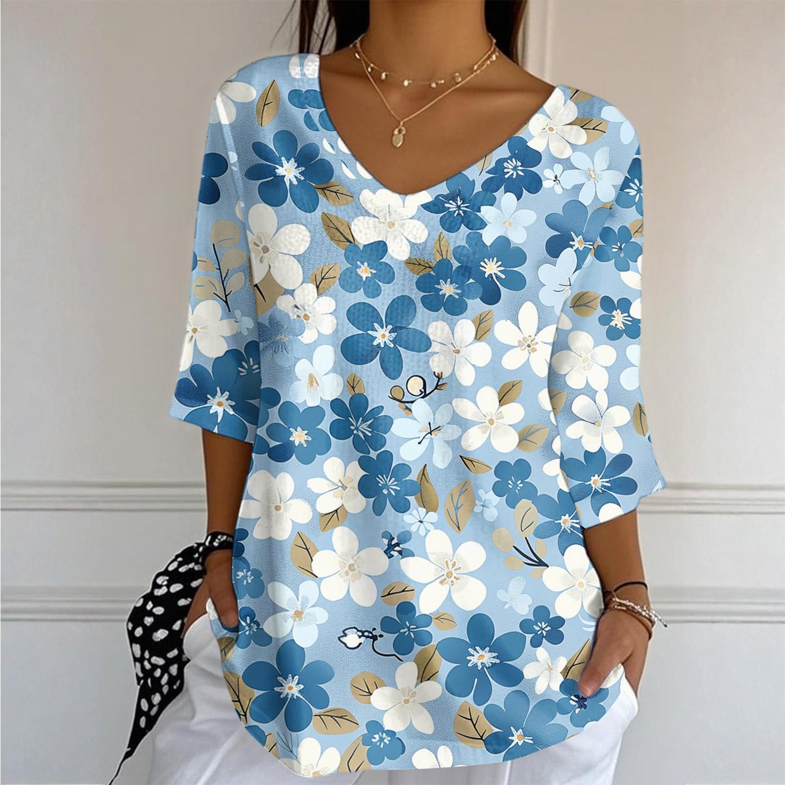 

Женский повседневный и модный топ с V-образным вырезом, цветочным принтом и рукавами три четверти XL небесно-голубой