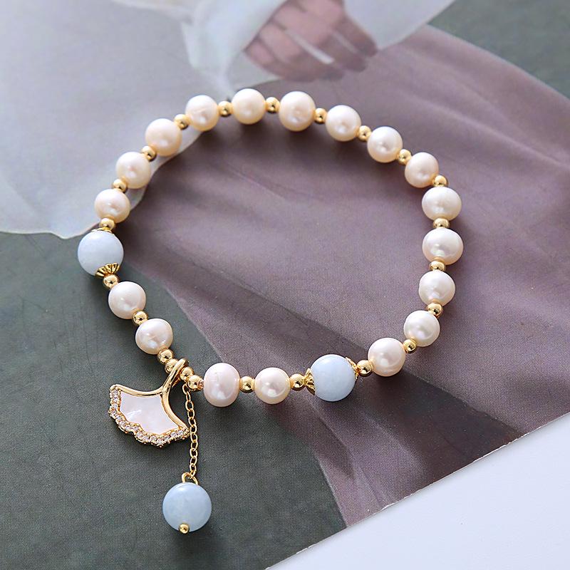 Women's Sea Blue Aquamarine & Pearl Bracelet with Ginkgo Leaf Pendant