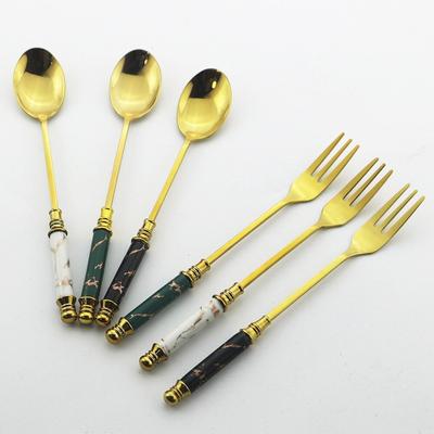 2-teiliges Gabel-/Löffel-Set mit Keramikgriff, Obstgabel, Kaffee- und Teelöffel, Edelstahlbesteck, Goldgeschirr, Kuchengabeln, spülmaschinenfest