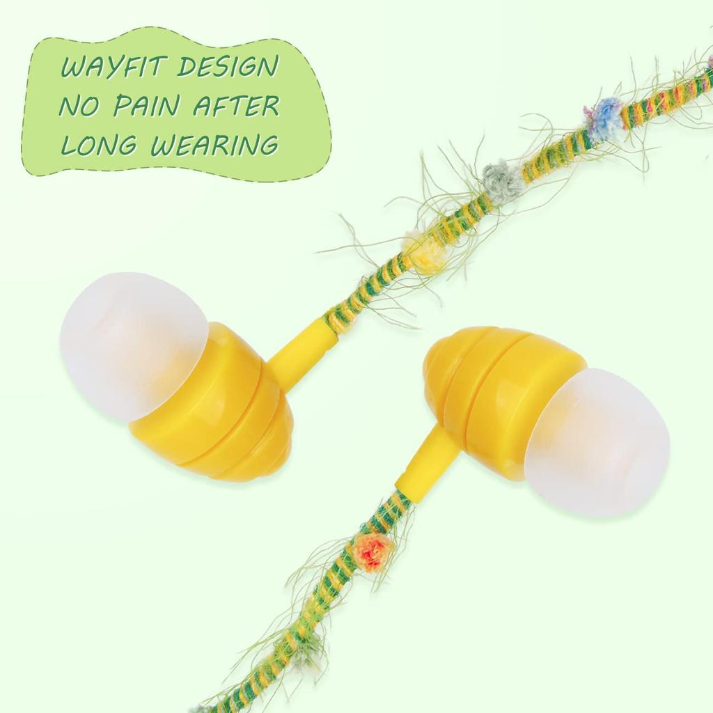 URIZONS [2-Piece] Woven Wired In-Ear Colorful Fuzzy Earbuds - Tangle-Free Noise-Isolating Girls' Cute Headphones with Mic for Kids