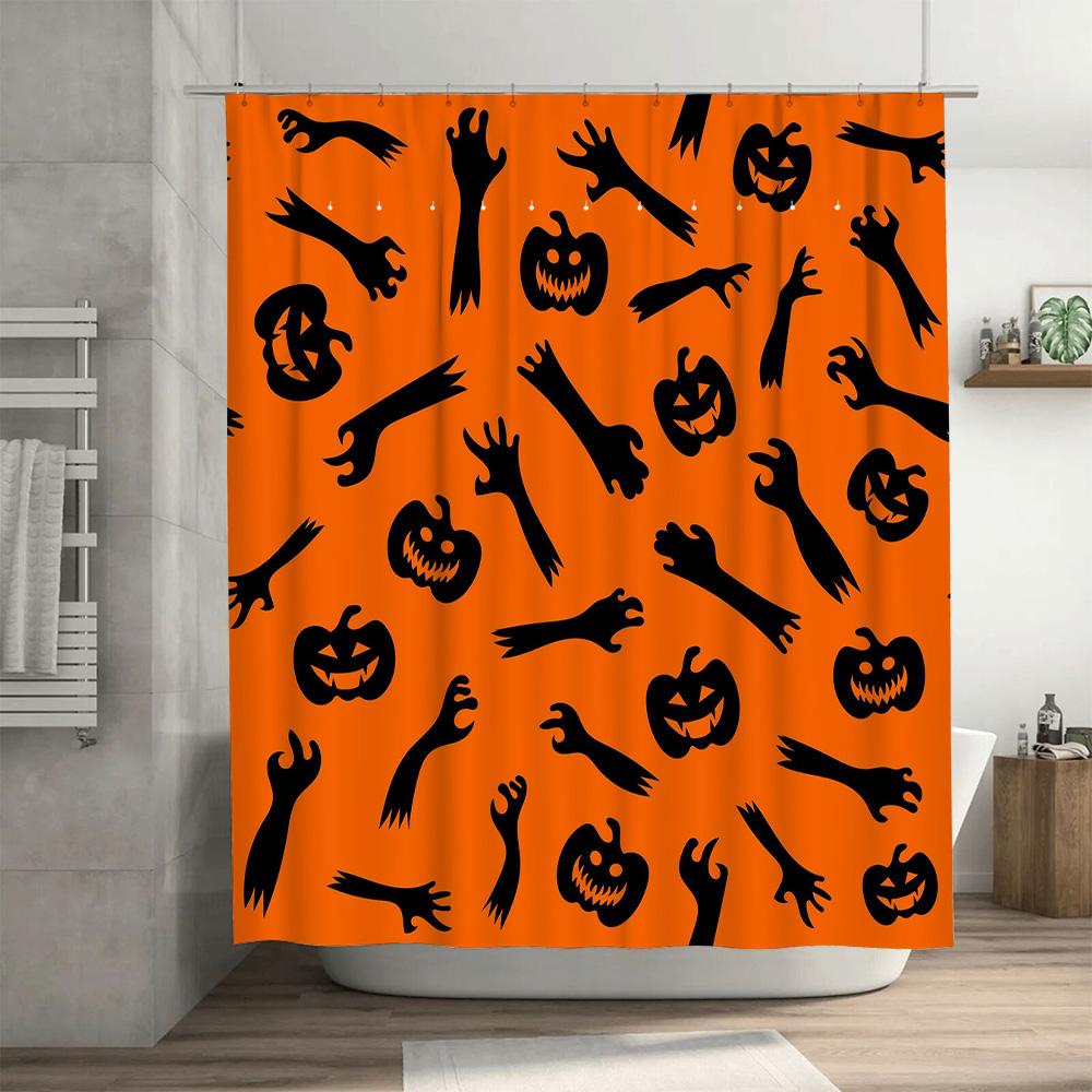 Halloween Orange Shower Curtain with Spooky Pumpkins Ghosts Decorative Bathtub Cover for Halloween Party Decoration Supplies In