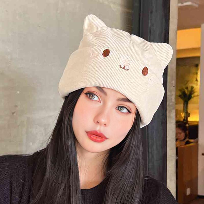 Winter Warm Knitted Slouchy Beanie for Women Embroidered Cat Ears Stretchy Cozy Hat Ladies Fashion Essential Winter Knit Cap