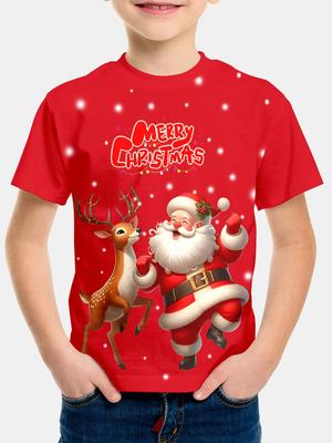 Czerwony świąteczny T-shirt dla dzieci z nadrukiem Świętego Mikołaja i reniferów odpowiedni na uroczystości świąteczne