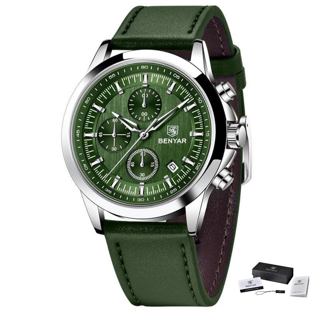 BENYAR New 40MM Men's Multi Functional Chronograph Quartz Watch Lumious Leather Strap Sports Wristwatches For Man