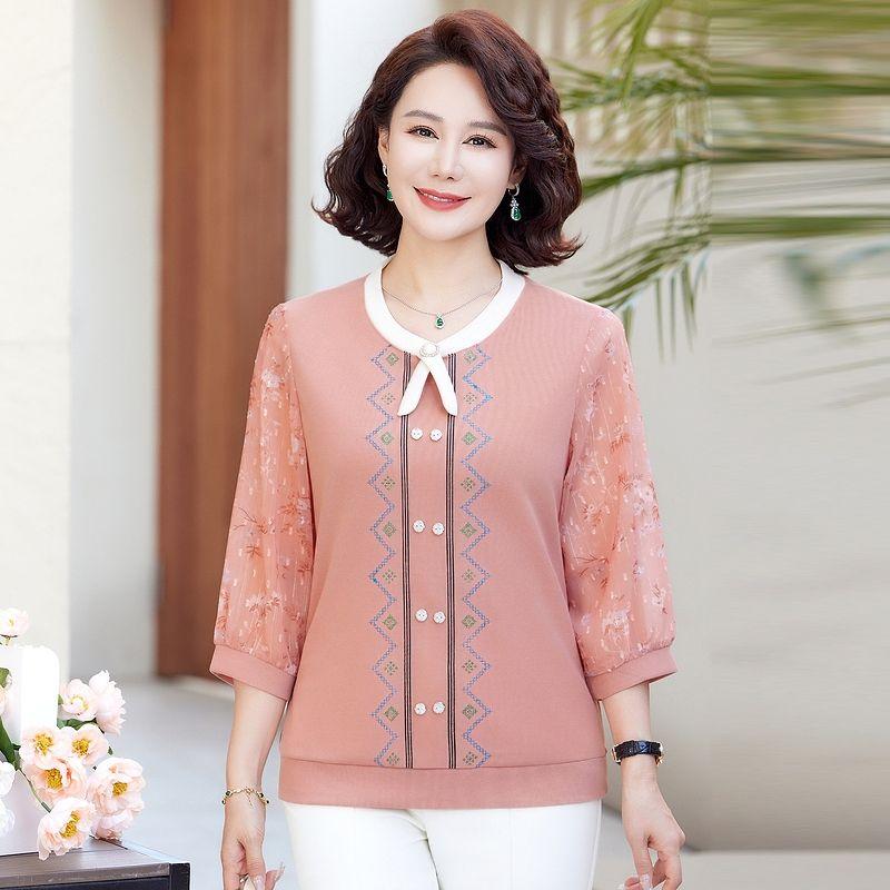 Middle aged and Elderly Mother's Spring and Summer Fashionable T-shirt Knitted Top with Print