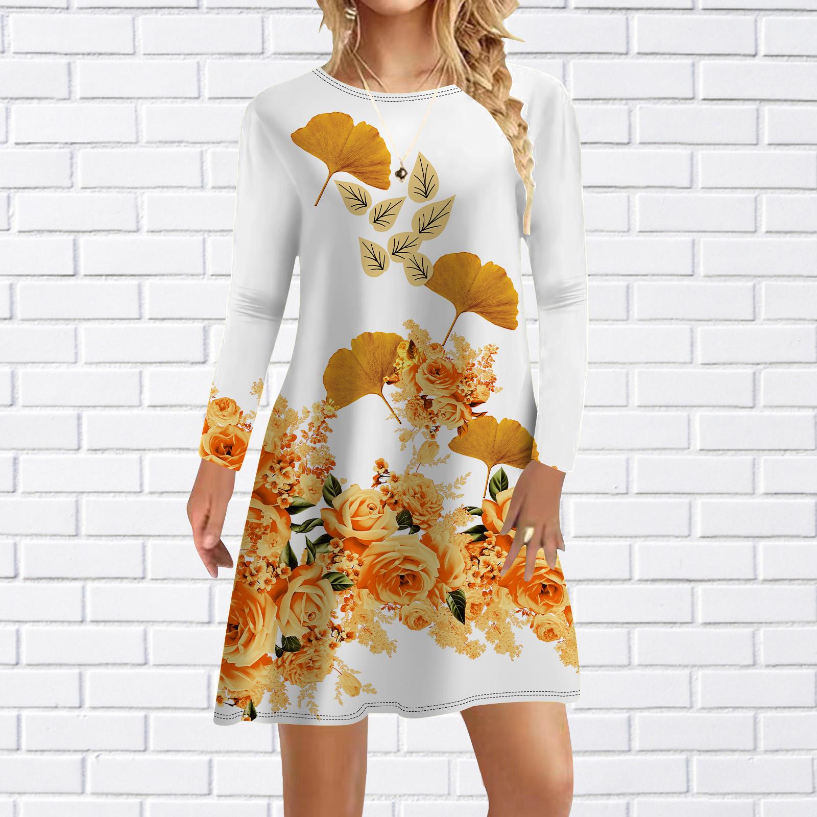 

Женское повседневное платье Осенние платья с принтом веерной розы для женщин Платье с коротким рукавом и круглым вырезом Плюс Размер 8XL белый