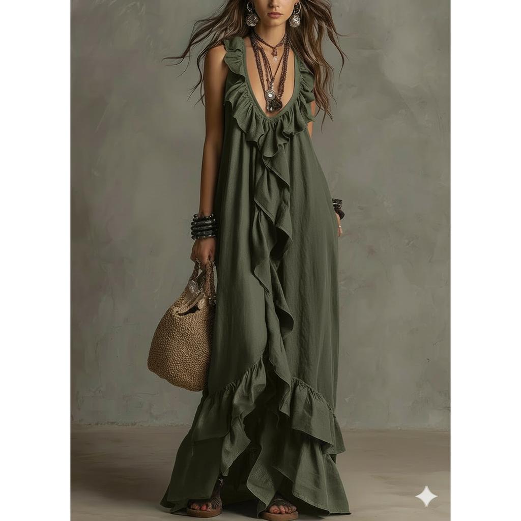 Sexy Deep V Neck Ruffle Loose Long Dresses Woman Spring Casual Solid Party Maxi Dress Summer Sleeveless Vacation Beach Dress