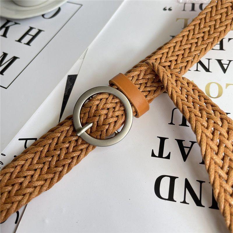 Womens Woven Modern Belt In Black Camel And Beige With Round Buckle For Everyday Wear