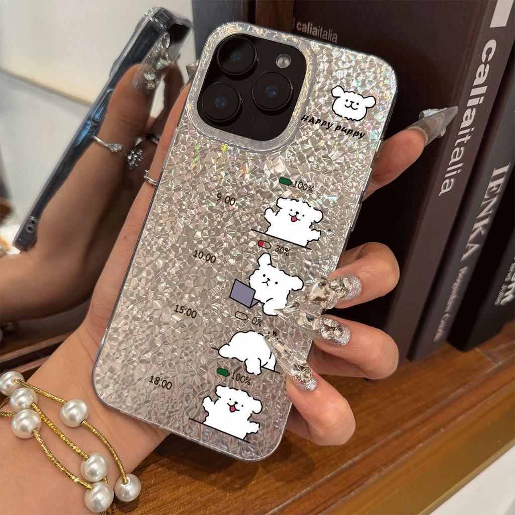Phone Case for iphone 13 Air 15 XS Max 14 XR 16 Plus 11 17 Pro 12 18 Pro Max Daily Puppy Routine Silver Cracked Texture Shockproof Cover
