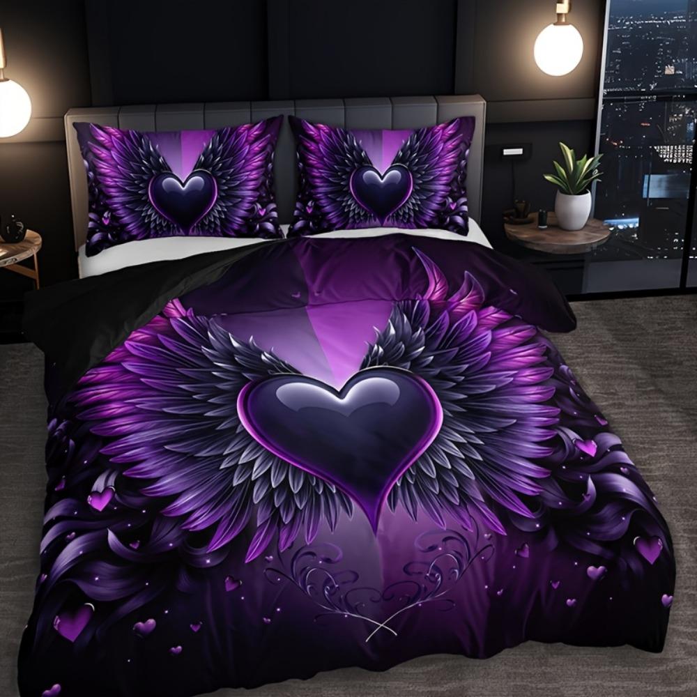 3pcs Black Purple Beding Set Love Heart Wing Print Cozy Soft Duvet Cover Set King Quen Twin Single Sized Dimensions Birthday Gift Bedrom Decor