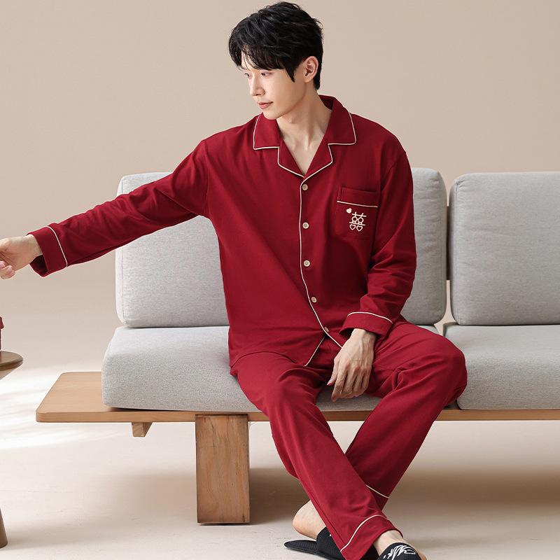 Pajamas wedding newlywed couple suit spring and autumn pure cotton red 1011 new men's and women's long sleeves festive autumn