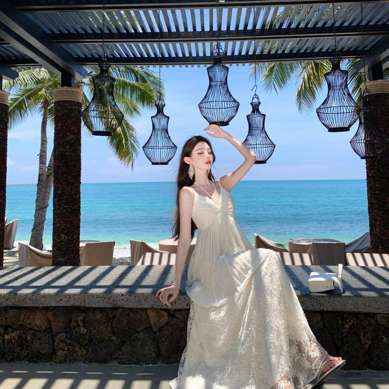 French Collar Chiffon Suspender Skirt Set Women's Summer Beautiful Beach Vacation Mesh Embroidered Word Dress
