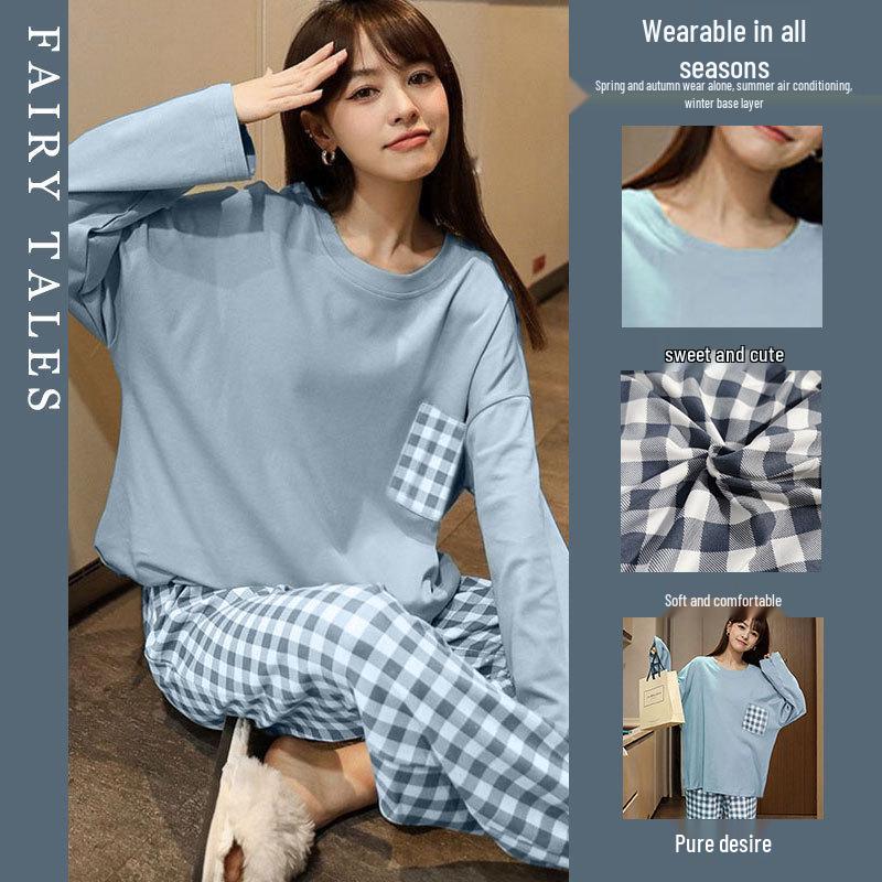 

Женский клетчатый пижамный комплект с длинным рукавом - Большой размер, Весна/Осень Large