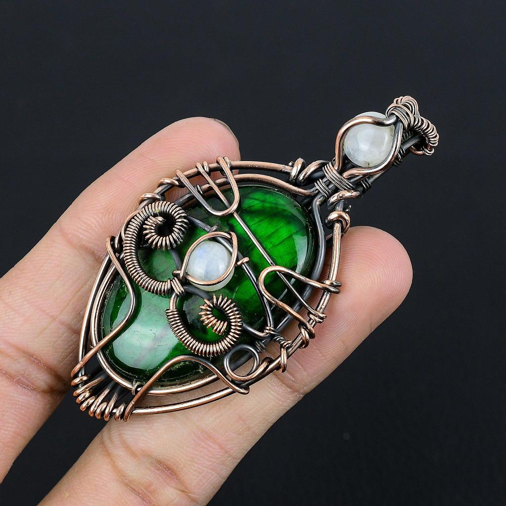 Pandantiv Labradorit Green Flash Bijuterii cu Pietre Prețioase, Pandantiv Înfășurat cu Sârmă de Cupru 999, Bijuterii Handmade Pandantiv Piatră Natală, Cadou Pentru El