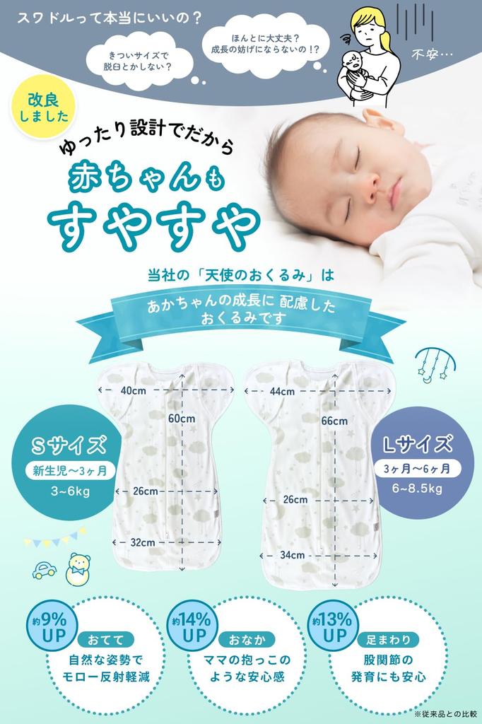 By a Natural Cotton Angel Comfortable Swaddle for Newborns and Up Zipper for Easy Diaper with YOZORA Size S Newborn To 3 [PICO Ange] [Recommended