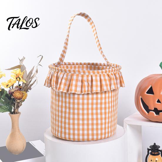 Kürbis-Geister-Muster Tragetaschen Halloween-Korb, karierter Rüschen Süßigkeiten-Eimer für Süßes oder Saures mit Griff, Ostereiersuche-Taschen für Kinder, Wiederverwendbares Vichy