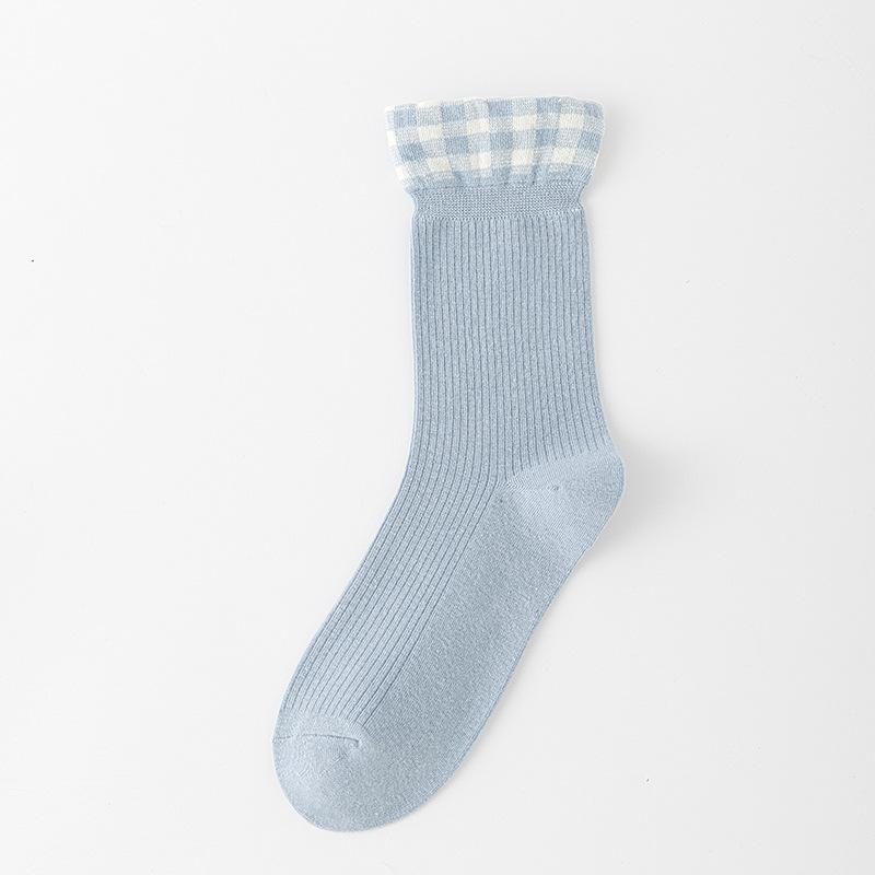 Ladies Spring and Autumn Assorted Plaid Curled Lace Pile In The Tube Cotton Socks