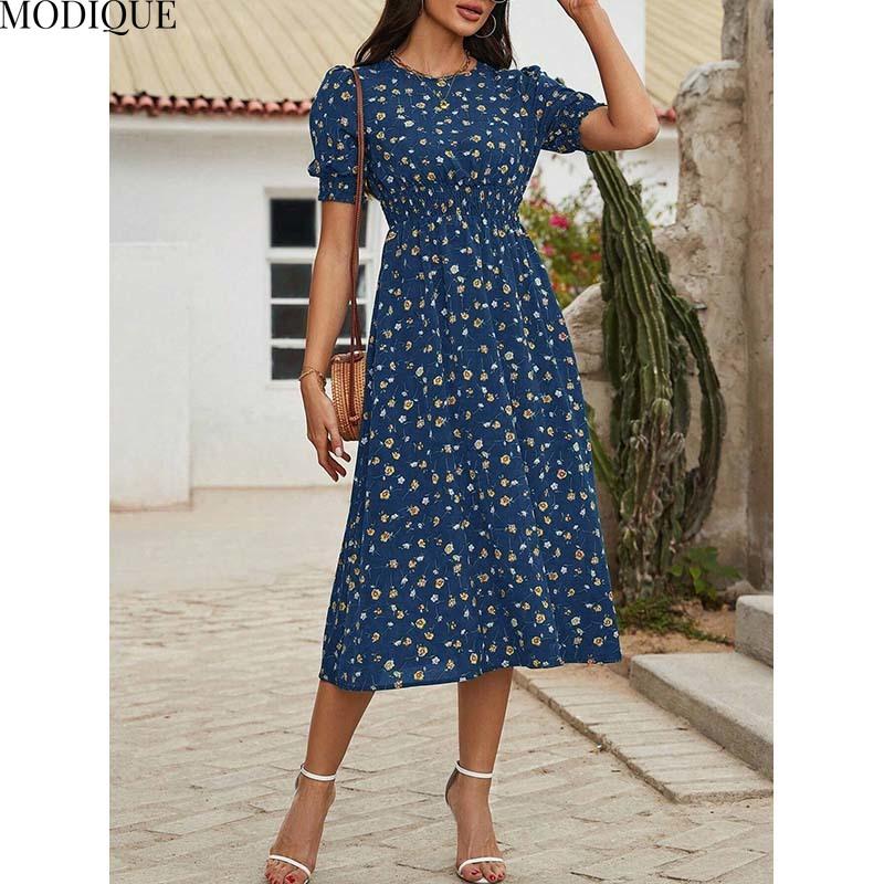 MODIQUE 2025 Yaz Yeni Kadın Zarif Çiçek Desenli Kabarık Kollu Lastikli Bel Uzun Elbise Bayan Günlük A-Kesim O Yaka Elbise