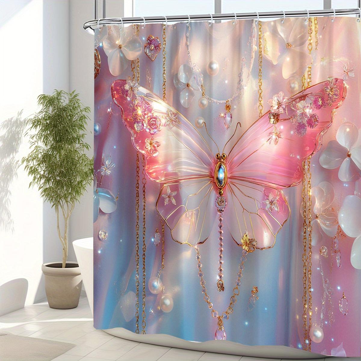 1pc Pink Glitter Butterfly Shower Curtain, Perfect Bathroom Decor for All Seasons, Shower Privacy | Digital Printed Curtain 90X180cm