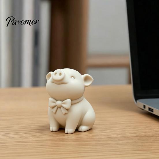 Smooth Surface Pig Statue 3D Printed Cute Bow Tie Figurine, Matte Cream White, Minimalist Animal Decor Statue, Car Dashboard Decoration Compact