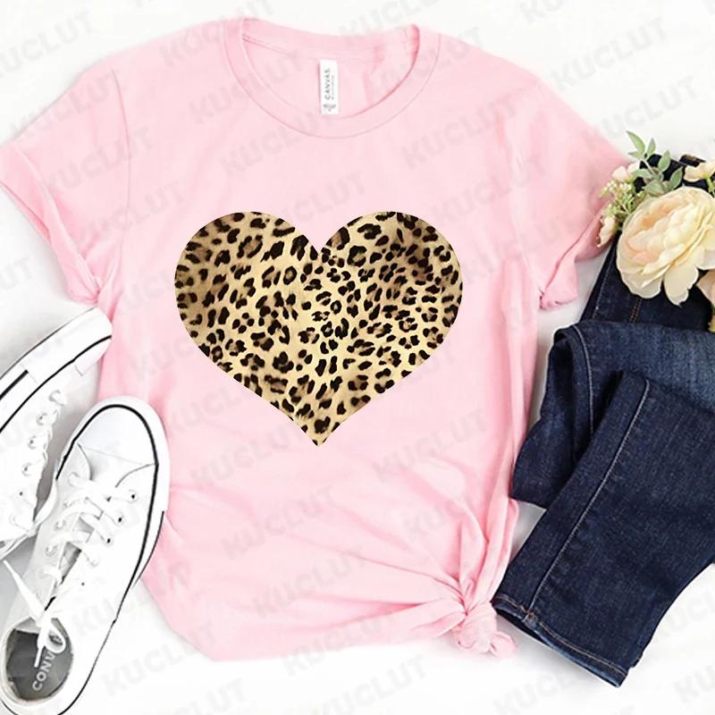 Fashion Unisex Tshirts Leopard Love Heart Print Tops Short Sleeve Clothing Ladies Harajuku Valentines Day Female Clothing