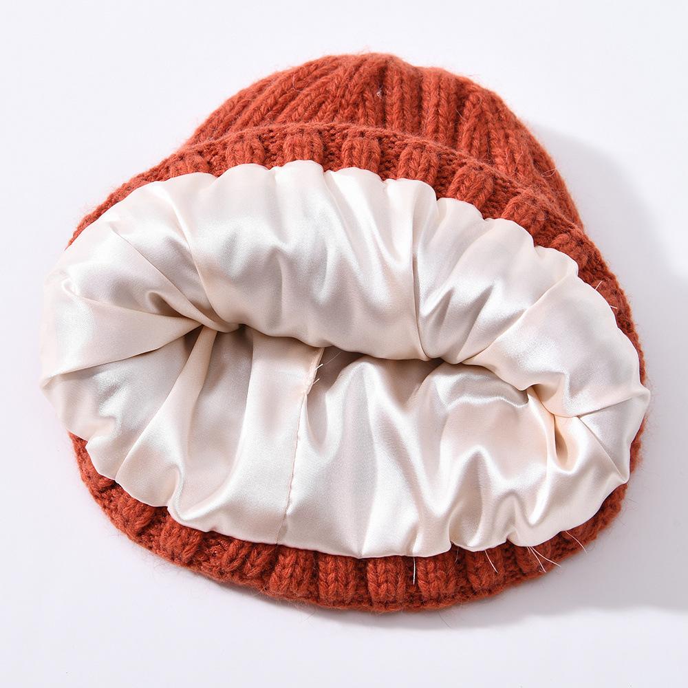 Versatile series children's rabbit velvet knitted hat solid color lined outdoor satin lined wool hat, source