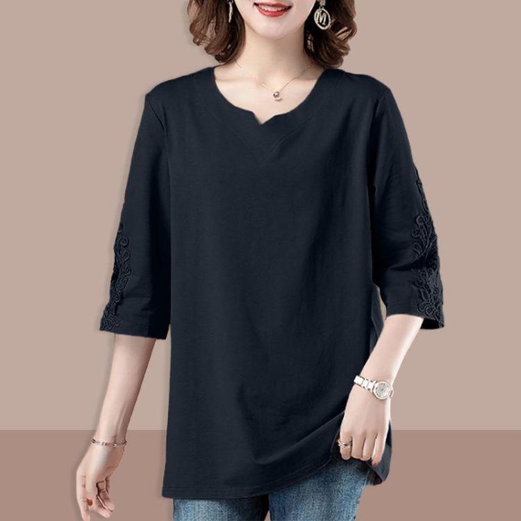 Plus Size Summer T Shirt Women Loose Solid Color Top Three Quarter Sleeve VT Shirt