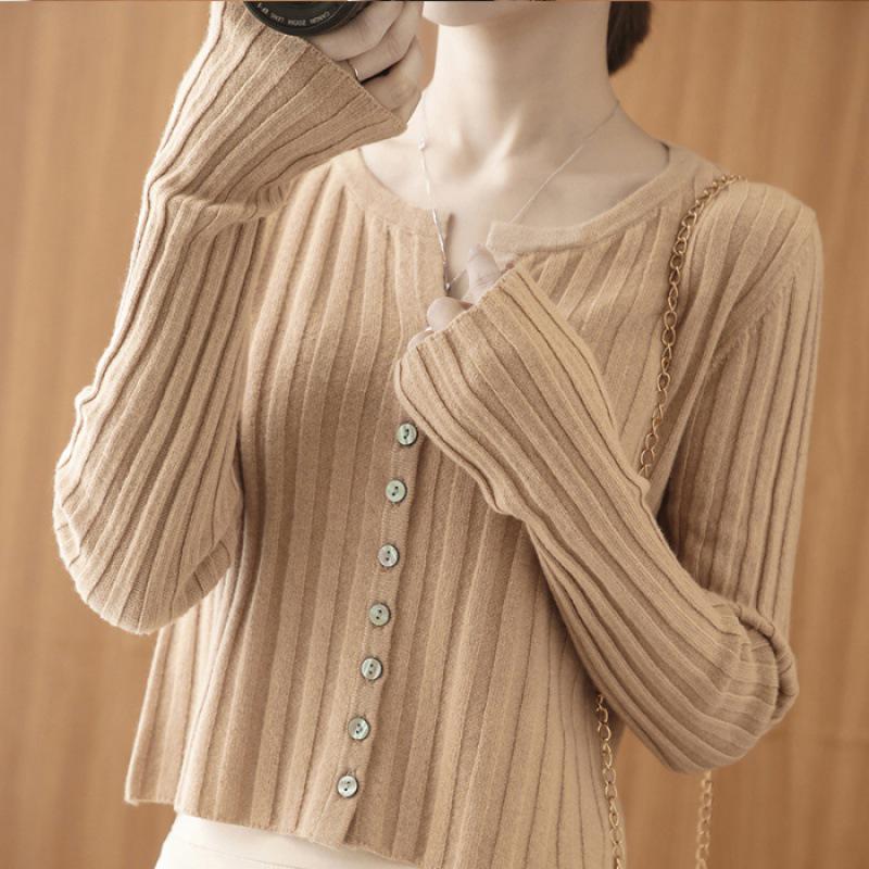 Women's Slimming Round Neck Knit Cardigan: Early Autumn Outerwear, Simple Inner Layer Jacket