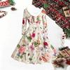 Women Floral Print Midi Dress, Long Sleeve V‑Neck Furry Trim A‑Line Party Dress, Christmas Limited Edition