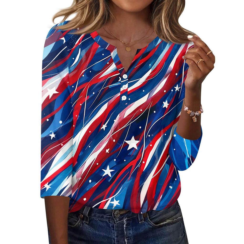 Women's T Shirt Independence Day Print Button 3/4 Sleeve Daily Weekend Fashion Basic V- Neck Regular Top