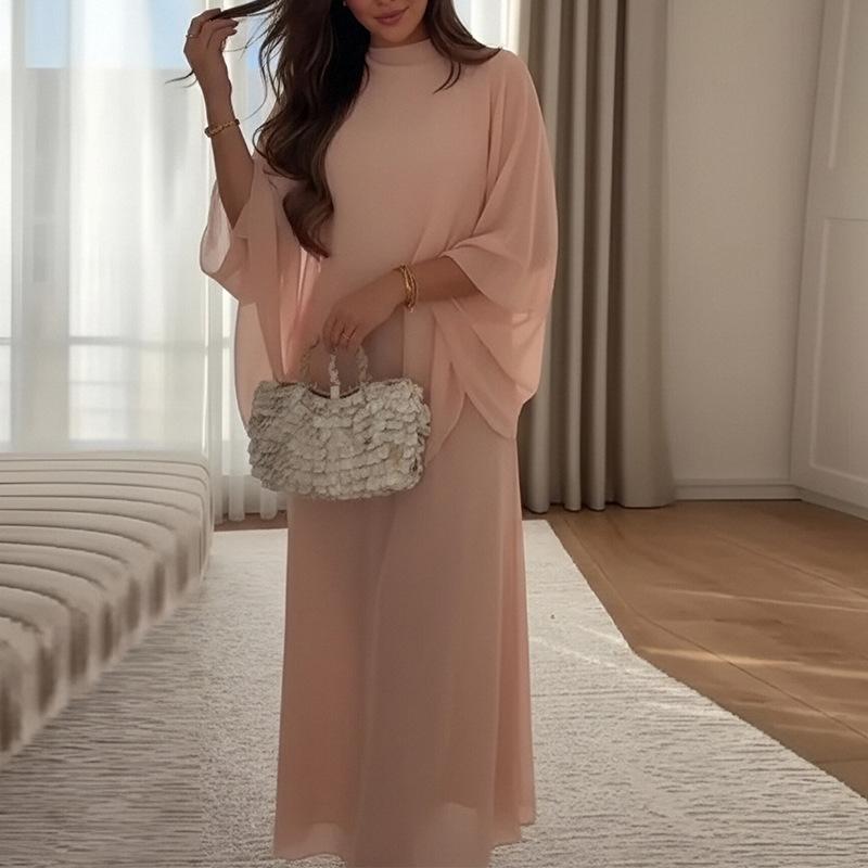 European and American women's clothing, new spring models, gentle wind stand-up collar loose pleated horn sleeve dress