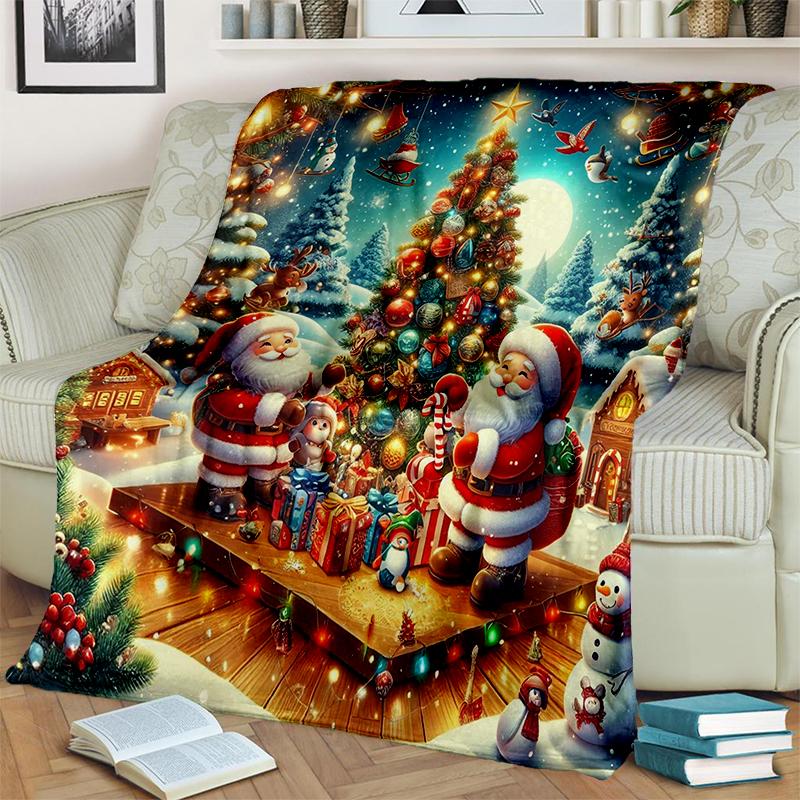 Merry Christmas Cartoon Santa Claus Christmas Tree Festival Gift Blanket,Soft Throw Blanket for Home Bedroom Bed Sofa Cover Kid