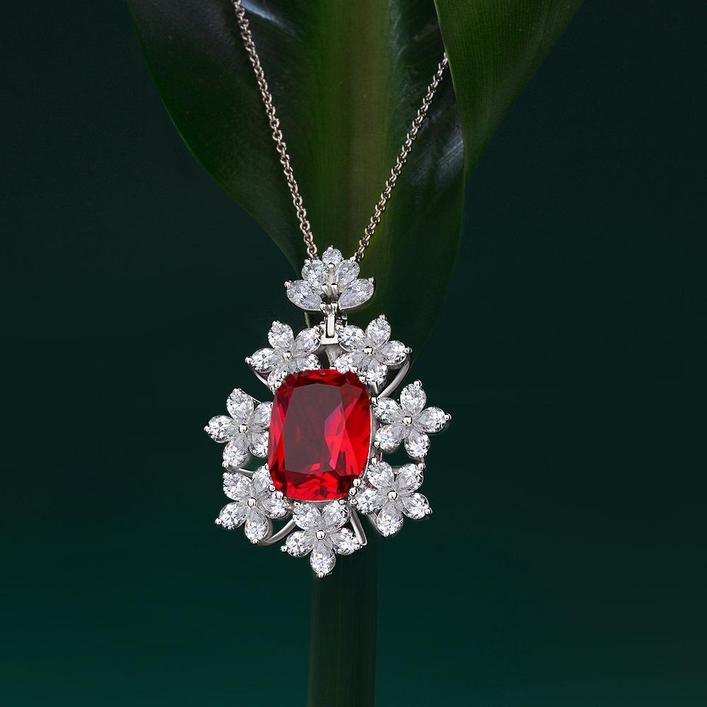 Tancise Jewelry Synthetic Ruby Silver Pendant 12 * 16 Flower Necklace 40 + 3