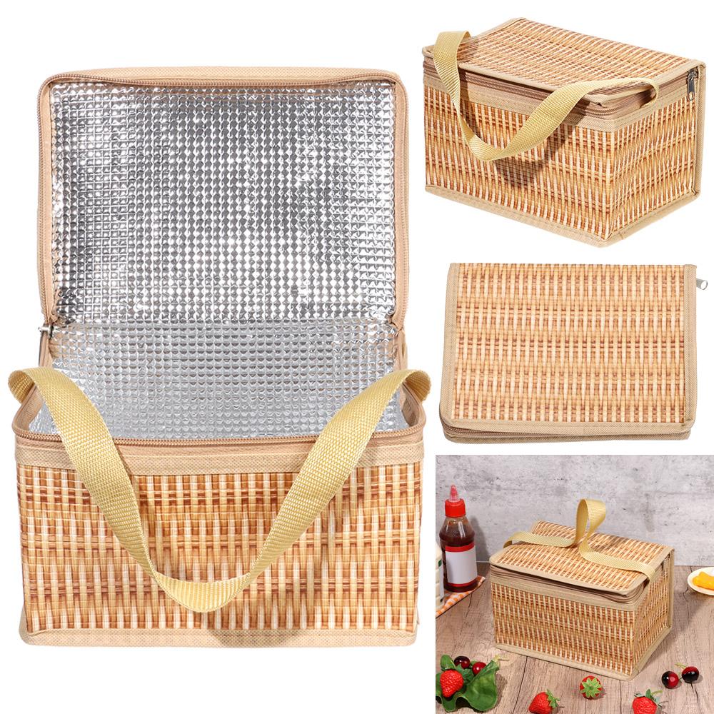 Outdoor Camping Woven Insulated Keep Warm Waterproof Rattan Bag Wicker Picnic Basket Lid and Handle