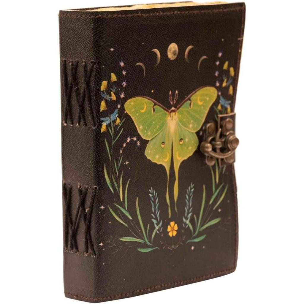 Bags sel de mer upcycled canvas crossbody bag for women and Leather journal Luna Moths and Morpho Butterfly Print Diary Perfect Present