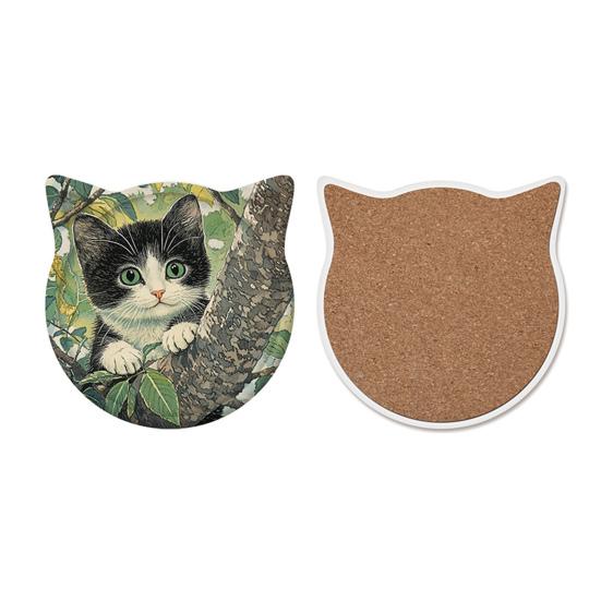 1/6Pcs Cartoon Cat Themed Ceramic Drink Coasters Water Absorbent Fantasy Atmosphere Coasters Home Kitchen Decor