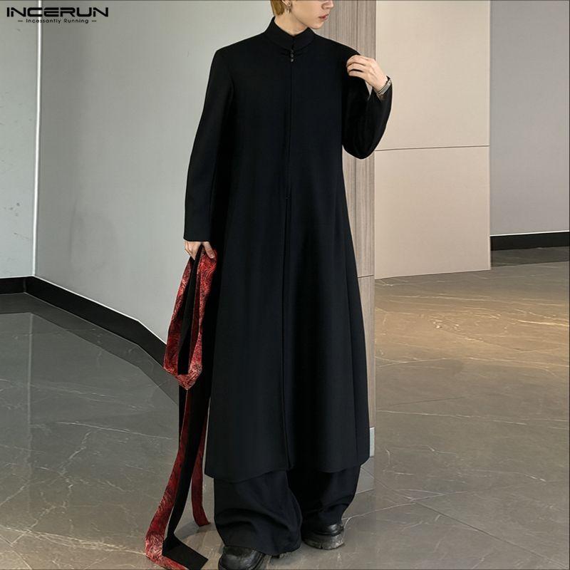 INCERUN Men Long Sleeve Front Zip-up Solid Color Casual Loose Long Tunic Tops