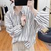 Women's White Blue Striped Turn-Down Collar Long Sleeve Loose Fit Casual Blouse