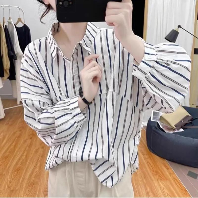 Women's White Blue Striped Turn-Down Collar Long Sleeve Loose Fit Casual Blouse