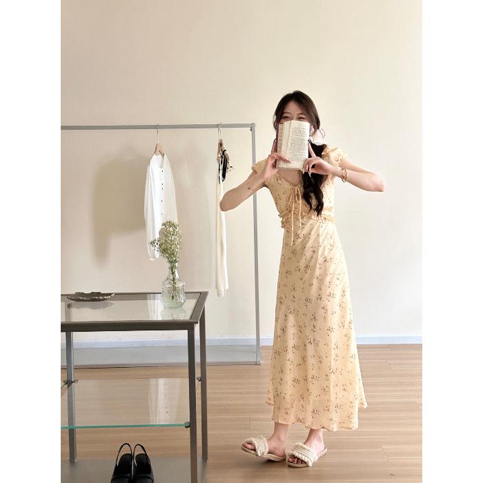 Elegant French Lace V-Neck Floral Puff Sleeve Summer Dress for Women Medium
