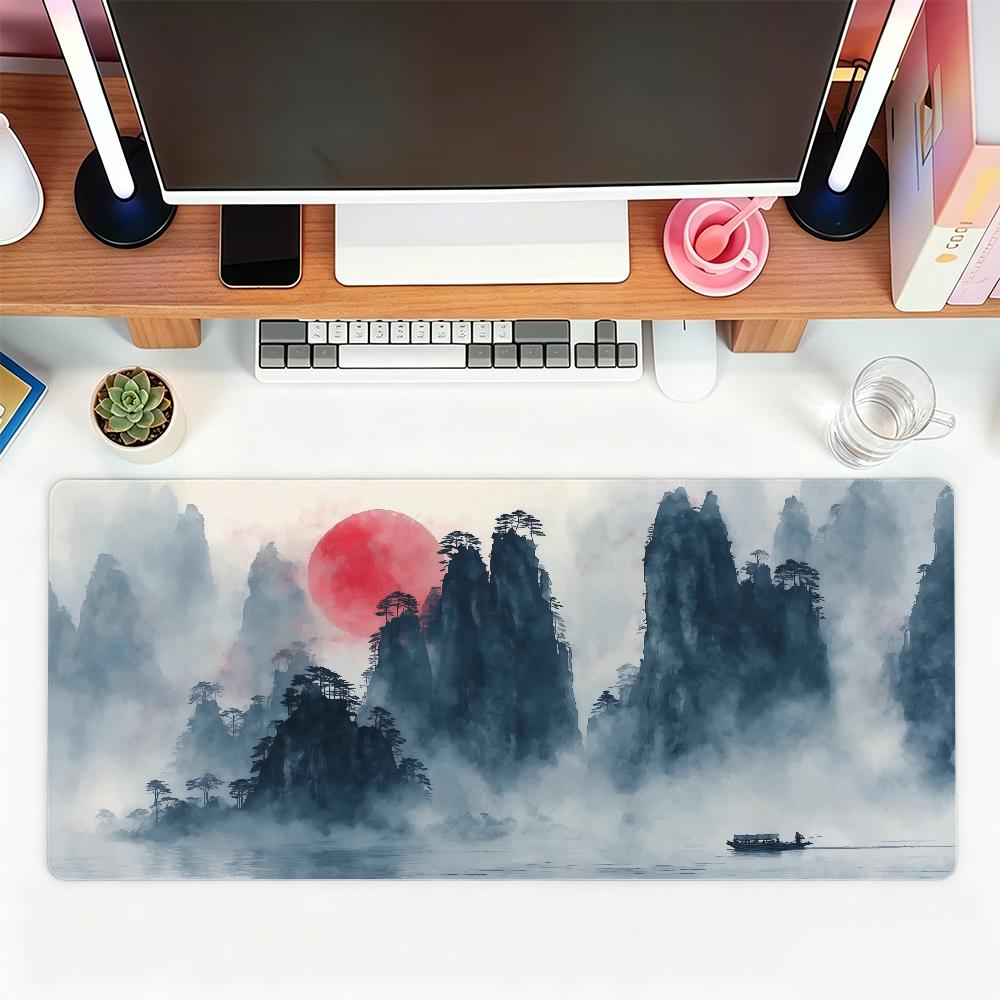 Tuschemalerei Landschaftsmalerei Sonnenuntergang Mauspads Für Büro Gaming Und Tastaturen Rutschfest Groß Wasserdicht