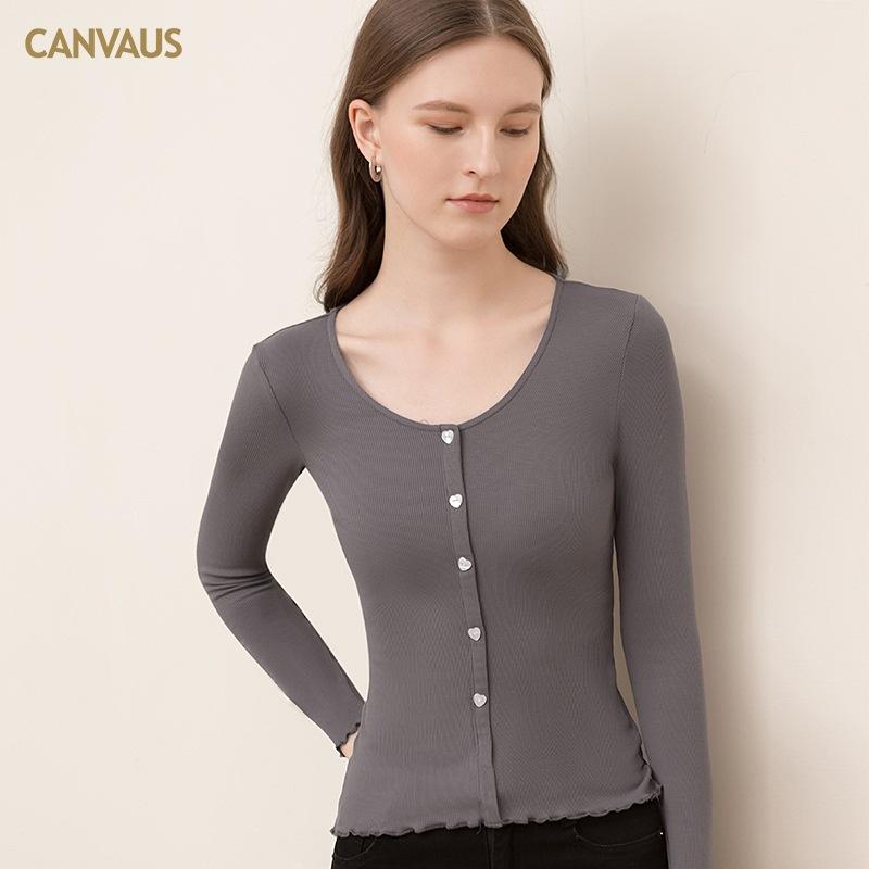 CANVAUS Herbst Neue frauen V-ausschnitt Bodenbildung Shirt T-shirt frauen Lange-ärmeln Schlank Stretch Top