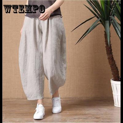 Cotton Linen Pants Women Spring and Summer Loose Elastic Waist Solid Color Casual Trousers
