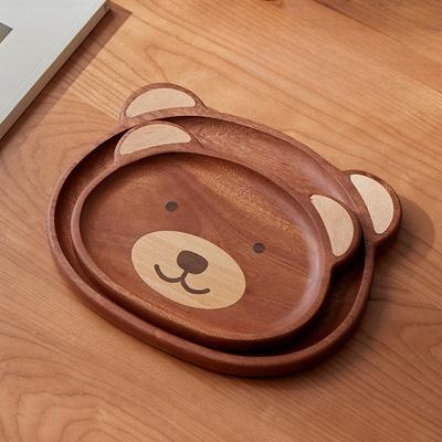 Cute Bear Plate Ebony Walnut Japanese Style High Value Wooden Plate Cartoon Fruit Serving Tray Round Bear Plate