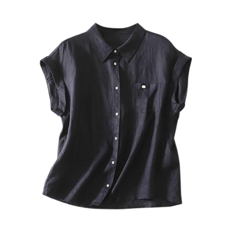 Women Casual Loose Short Sleeve Lapel Collar Cotton Linen Shirt Top