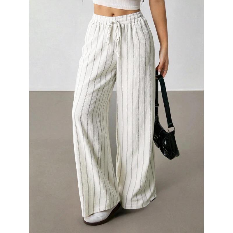 Womens Striped Wide Leg Pants Loose Casual Drawstring Elastic Waist Contrast Color Multicolor
