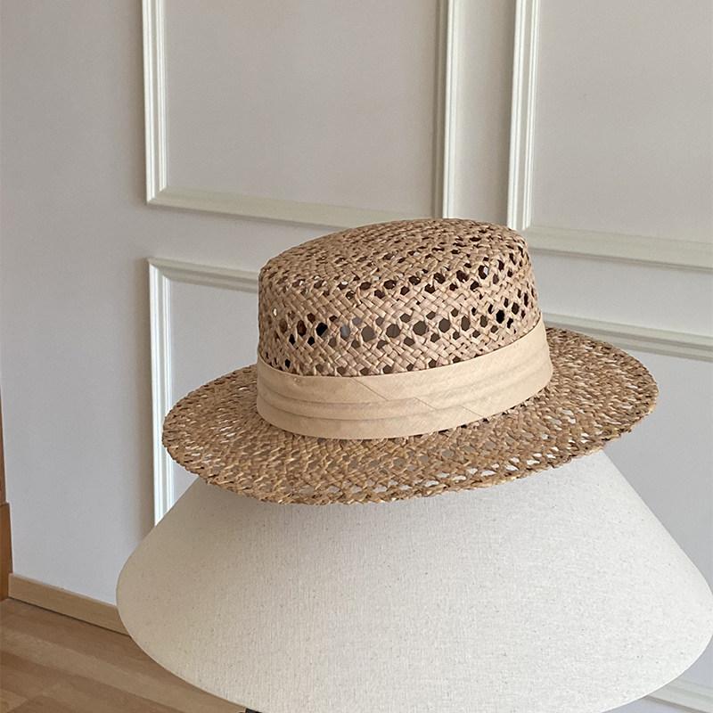Natural Marillaise Woven Hat Women'S Fashion British Flat Top Top Hat Old Money Wind Seaside Vacation Sunshade Hollow Straw Hat