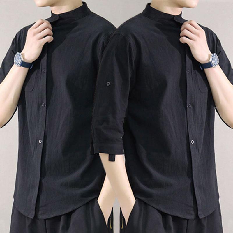 Men's Summer Korean Style Cotton-Linen Slim Fit Linen Shirt with Five-Point Sleeves.