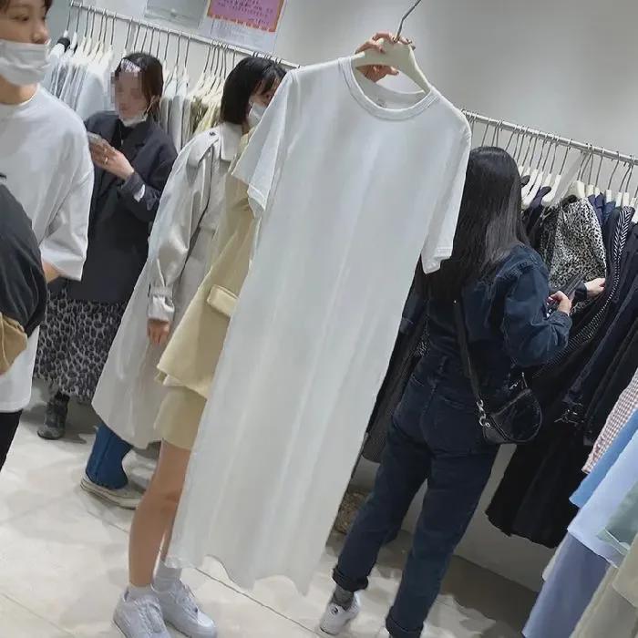 Women's Mid-Length Short Sleeve T-Shirt Dress, 2022 Korean Chic, Loose Casual Solid Color Style.